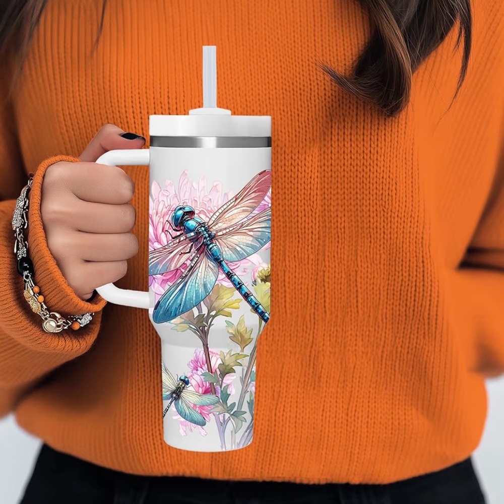 Dragonfly Floral Travel Mug Set - White and Pink - Picture 3 of 4